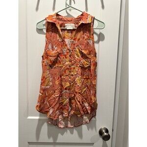 Vera by Anthropologie Pink Floral Collared Button Down Top Sleeveless Small S